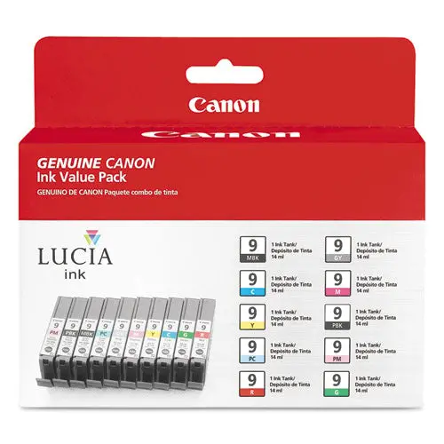 1033B005 (Pgi-9) Lucia Ink, Cyan-Gray-Green-Magenta-Matte Black-Photo Black-Photo Cyan-Photo Magenta-Red-Yellow, 10-Pack 1