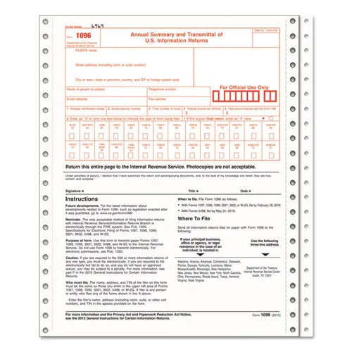 1096 Summary Transmittal Tax Forms, 2-Part Carbonless, 8 X 11, 10 Forms 1