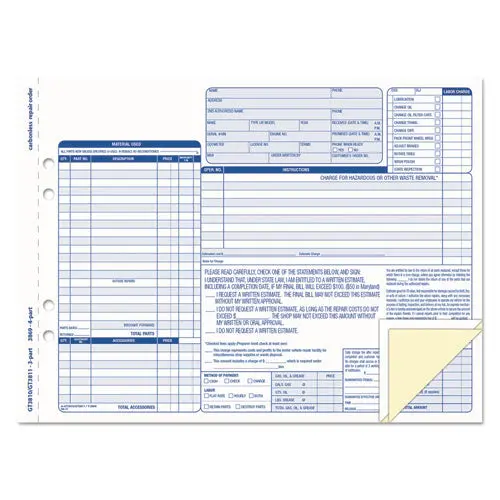 Auto Repair Four-Part Order Form, 8 1-2 X 11, Four-Part Carbonless, 50 Forms 1