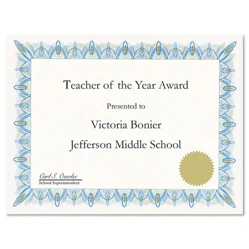Award Certificates W-Gold Seals, 8-1-2 X 11, Unique Blue Border, 25-Pack 1