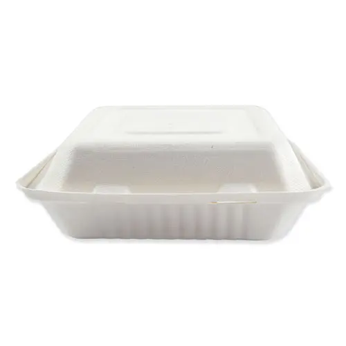 Bagasse Molded Fiber Food Containers, Hinged-Lid, 3-Compartment 9 X 9, White, 100-Sleeve, 2 Sleeves-Carton 1