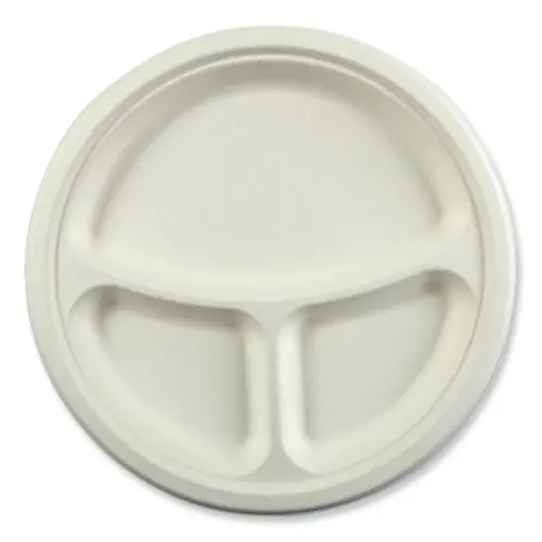 Bagasse Pfas-Free Dinnerware, 3-Compartment Plate, 10.24" Dia, White, 500/Carton 1