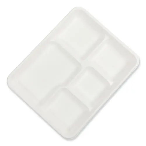 Bagasse Pfas-Free Food Tray, 5-Compartment, 8.26 X 10.23 X 0.94, White, Bamboo/Sugarcane, 500/Carton 1