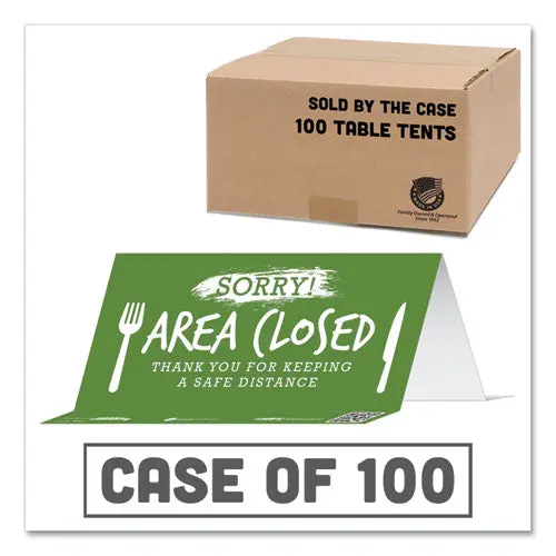Besafe Messaging Table Top Tent Card, 8 X 3.87, Sorry! Area Closed Thank You For Keeping A Safe Distance, Green, 100-Carton 1