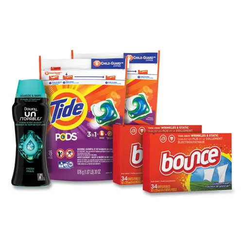 Better Together Laundry Care Bundle, (2) Bags Tide Pods, (2) Boxes Bounce Dryer Sheets, (1) Bottle Downy Unstopables 1