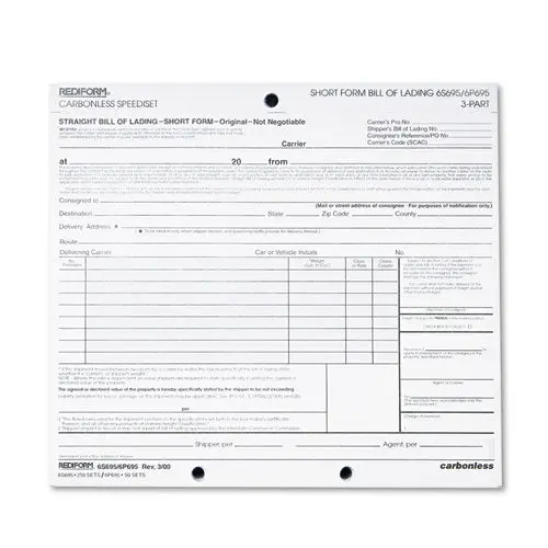 Bill Of Lading, Short Form, 7 X 8 1-2, Three-Part, 50 Loose Form Sets-Pack 1