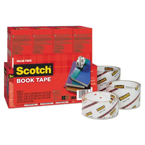 Book Tape Value Pack, 3" Core, (2) 1.5" X 15 Yds, (4) 2" X 15 Yds, (2) 3" X 15 Yds, Clear, 8-Pack 1