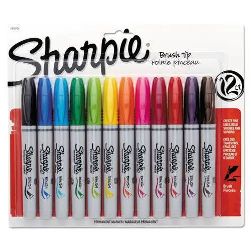 Brush Tip Permanent Marker, Medium, Assorted Colors, 12-Set 1