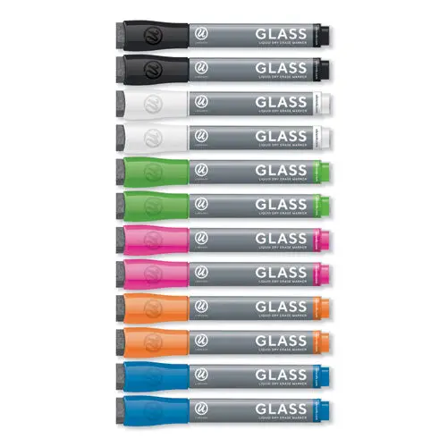 Bullet Tip Low-Odor Liquid Glass Markers With Erasers, Assorted Colors, 12-Pack 1