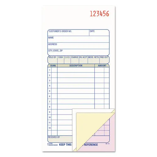 Carbonless Sales Order Book, Three-Part Carbonless, 3 1-4 X 7 1-8, 50 Sheets 1