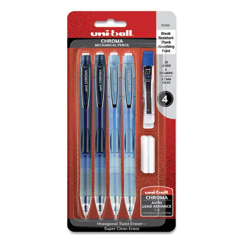 Chroma Mechanical Pencil Woth Leasd And Eraser Refills, 0.7 Mm, Hb (#2), Black Lead, Assorted Barrel Colors, 4-Set 1