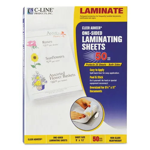 Cleer Adheer Self-Adhesive Laminating Film, 2 Mil, 9" X 12", Non-Glare Clear, 50-Box 1