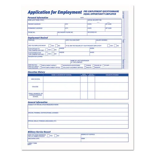 Comprehensive Employee Application Form, 8 1-2 X 11, 25 Forms 1
