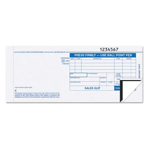Credit Card Sales Slip, 7 7-8 X 3-1-4, Three-Part Carbonless, 100 Forms 1