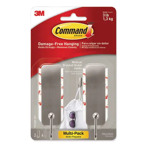 Decorative Hooks, Medium, Brushed Nickel, 2 Hook And 4 Strips-Pack 1
