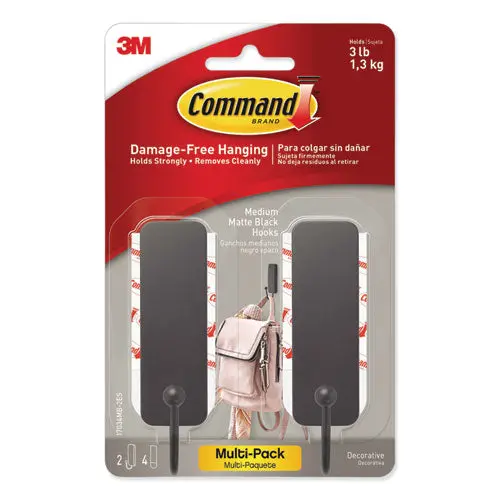 Decorative Hooks, Medium, Matte Black, 2 Hook And 4 Strips-Pack 1