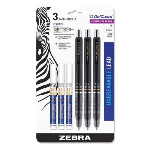 Delguard Mechanical Pencil, 0.5 Mm, Hb (#2.5), Black Lead, Black Barrel, 3-Pack 1