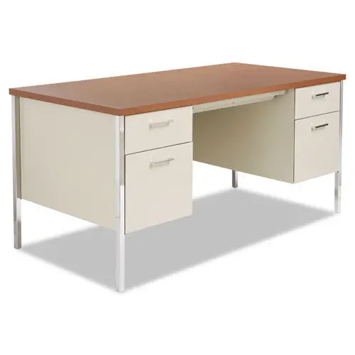 Double Pedestal Steel Desk, Metal Desk, 60W X 30D X 29.5H, Cherry-Putty 1