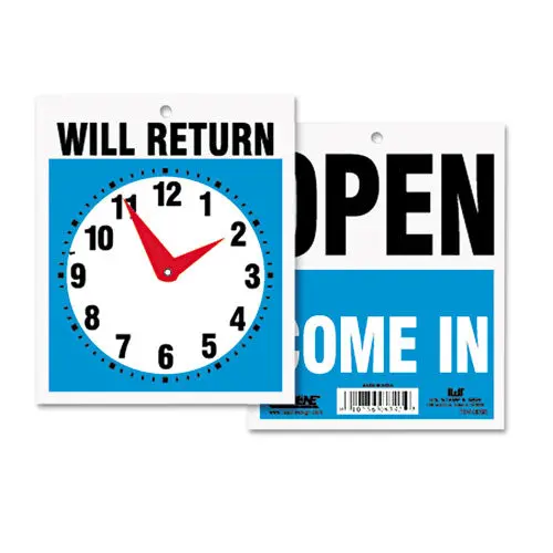 Double-Sided Open-Will Return Sign W-Clock Hands, Plastic, 7 1-2 X 9 1
