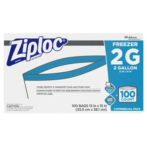Double Zipper Freezer Bags, 2 Gal, 2.7 Mil, 13" X 15.5", Clear, 100-Carton 1