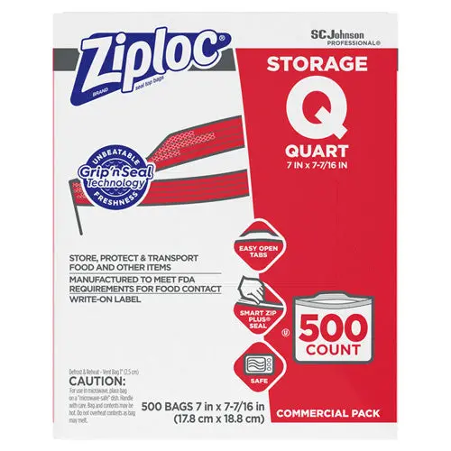 Double Zipper Storage Bags, 1 Qt, 1.75 Mil, 7" X 7.75", Clear, 500-Box 1