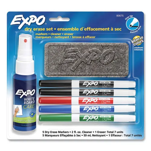 Dry Erase Marker, Eraser And Cleaner Kit, Fine Bullet Tip, Assorted Colors, 5/Set 1