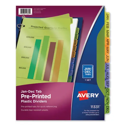 Durable Preprinted Plastic Tab Dividers, 12-Tab, Jan. To Dec., 11 X 8.5, Assorted, 1 Set 1