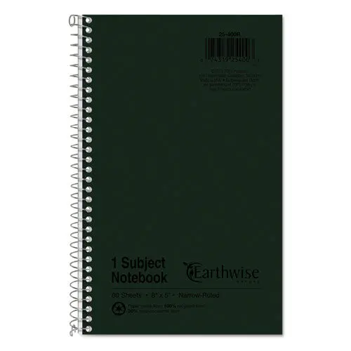 Earthwise By 100% Recycled One-Subject Notebook, 1 Subject, Narrow Rule, Green Cover, 8 X 5, 80 Sheets 1