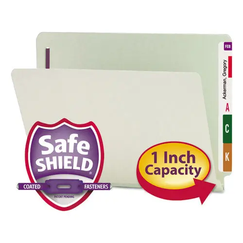 End Tab 1" Expansion Pressboard File Folders W-Two Safeshield Coated Fasteners, Straight Tab, Letter Size, Gray-Green, 25-Box 1