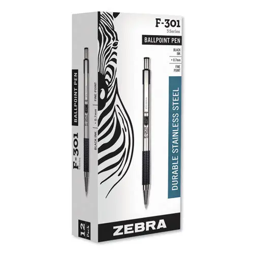 F-301 Retractable Ballpoint Pen, 0.7 Mm, Black Ink, Stainless Steel-Black Barrel 1