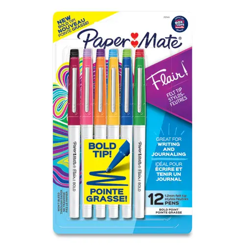 Flair Felt Tip Porous Point Pen, Stick, Bold 1.2 Mm, Assorted Ink Colors, White Pearl Barrel, 12-Pack 1