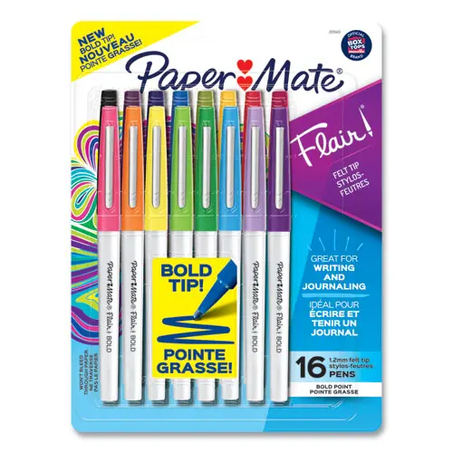 Flair Felt Tip Porous Point Pen, Stick, Bold 1.2 Mm, Assorted Ink Colors, White Pearl Barrel, 16-Pack 1
