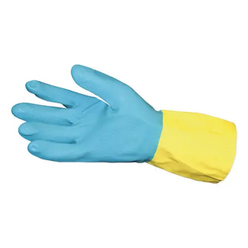 Flocked Lined Neoprene Over Latex Gloves, Powder-Free, Blue-Yellow, Large, Dozen 1