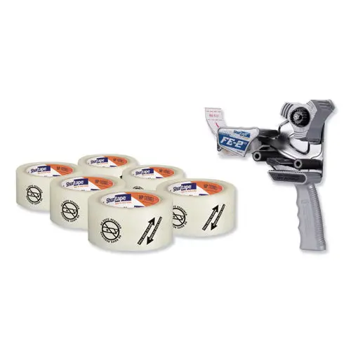 Folded Edge Tape Dispenser With Folded Edge Tape, 3" Core, Plus 6 Rolls Of 2.08" X 110 Yds Tape, Plastic-Steel, Gray 1