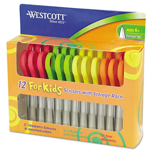 For Kids Scissors, Pointed Tip, 5" Long, 1.75" Cut Length, Assorted Straight Handles, 12-Pack 1