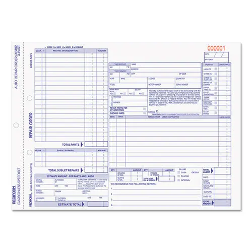 Four-Part Auto Repair Form, 11 X 8 1-2, Four-Part Carbonless, 50 Forms 1