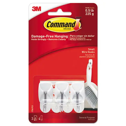 General Purpose Wire Hooks, Small, 0.5 Lb Cap, White, 3 Hooks And 6 Strips-Pack 1
