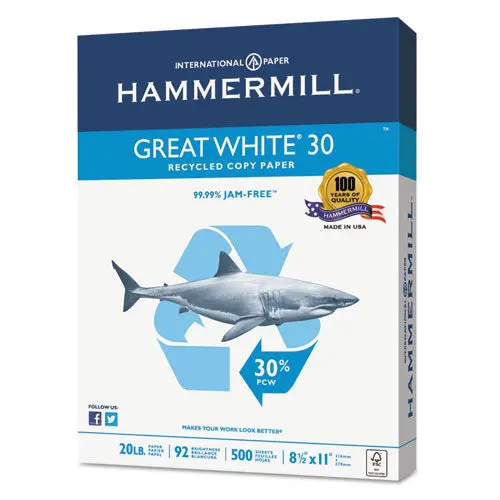 Great White 30 Recycled Print Paper, 92 Bright, 20Lb, 8.5 X 11, White, 500 Sheets-Ream, 5 Reams-Carton 1