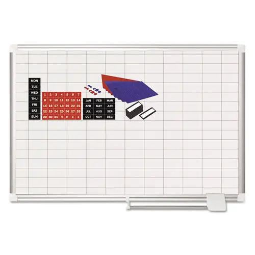 Grid Planning Board W- Accessories, 1 X 2 Grid, 36 X 24, White-Silver 1