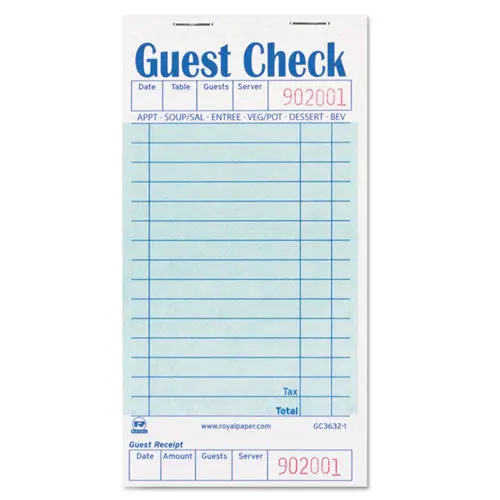 Guest Check Book, 3 1-2 X 6 7-10, 50-Book, 50 Books-Carton 1