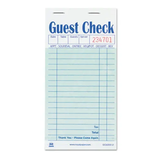 Guest Check Book, Carbon Duplicate, 3 1-2 X 6 7-10, 50-Book, 50 Books-Carton 1