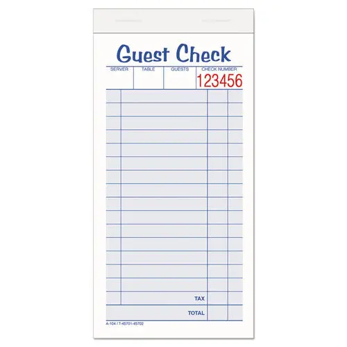 Guest Check Unit Set, Carbonless Duplicate, 6 7-8 X 3 3-8, 50 Forms, 10-Pack 1