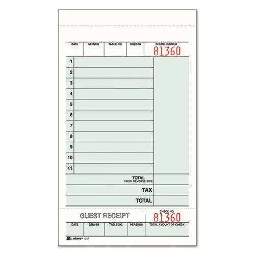 Guest Check Unit Set, Carbonless Duplicate, 7 1-4 X 4 1-4, 250-Pack 1