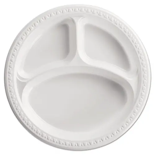 Heavyweight Plastic 3 Compartment Plates, 10 1-4" Dia, White, 125-Pk, 4 Pk-Ct 1