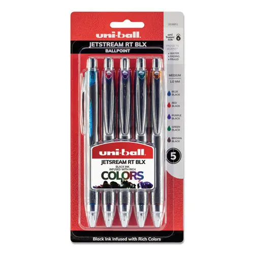 Jetstream Retractable Ballpoint Pen, 1Mm, Assorted Ink, Black Barrel, 5-Pack 1