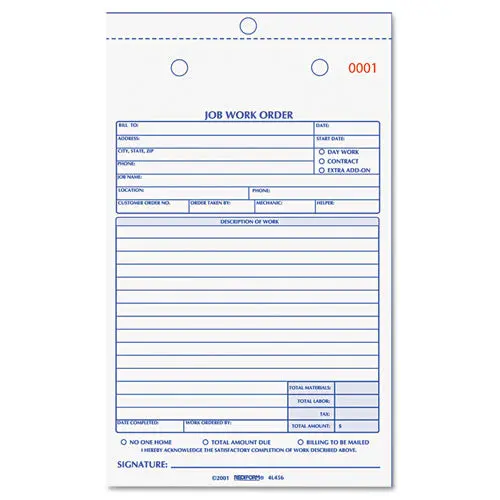 Job Work Order Book, 5 1-2 X 8 1-2, Two Part Carbonless, 50-Book 1