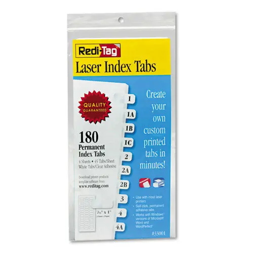Laser Printable Index Tabs, 1-12-Cut Tabs, White, 0.44" Wide, 180-Pack 1