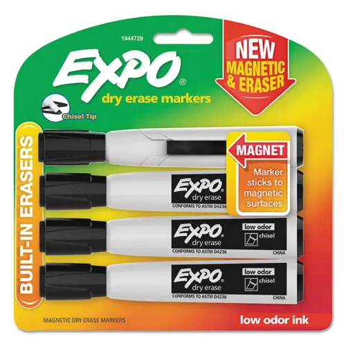 Magnetic Dry Erase Marker, Broad Chisel Tip, Black, 4-Pack 1