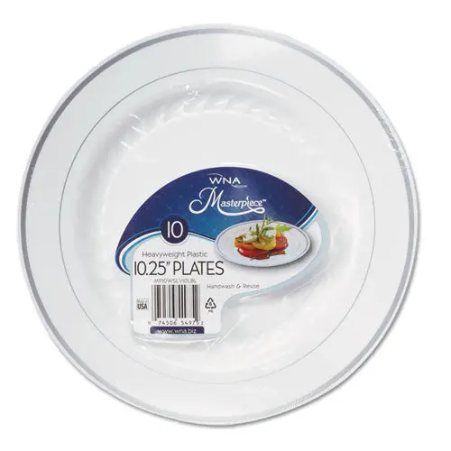 Masterpiece Plastic Dinnerware, White-Silver, 10 1-4", 10-Pack 1