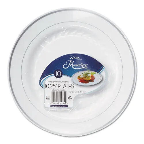 Masterpiece Plastic Plates, 10.25 In, White W-Silver Accents, Round, 120-Carton 1